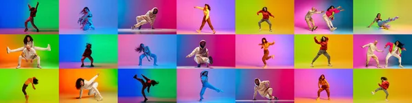 大学生活 在霓虹灯下 有才华的年轻人在五颜六色的背景下跳嘻哈舞的动态图像 当代舞蹈风格 业余爱好 动作及动作的概念 — 图库照片