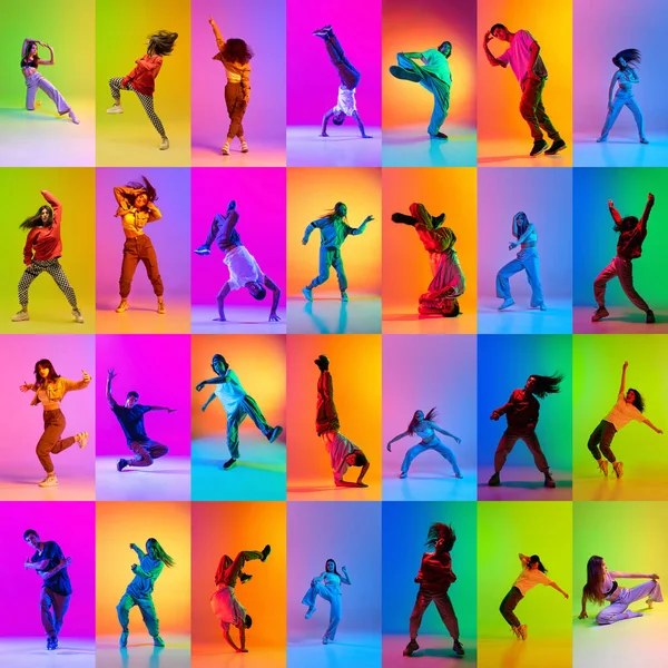 ネオンの光の中で 多色を背景にヒップホップを表現する若者たちのコラージュ コンテンポラリーダンスのスタイル 動きの概念 — ストック写真