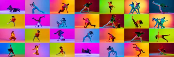Collage made of talented young people, boys and girls dancing contemp, hip-hop against multicolored background in neon light. Concept of contemporary dance style, youth, hobby, action and motion