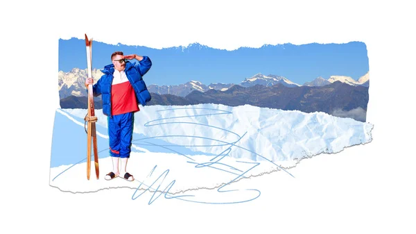 穿着冬衣和拖鞋的快乐男人站在雪山上 滑雪板 环顾四周 寒假当代艺术拼贴 度假的概念 — 图库照片