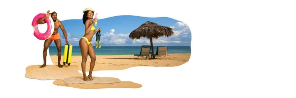Letni Romans Mężczyzna Kobieta Strojach Kąpielowych Plaży Letnie Wakacje Relaks — Zdjęcie stockowe