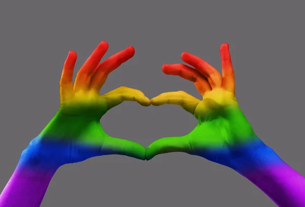 Human Hands Rainbow Light Showing Heart Shape Grey Background Freedom — Stock Photo, Image