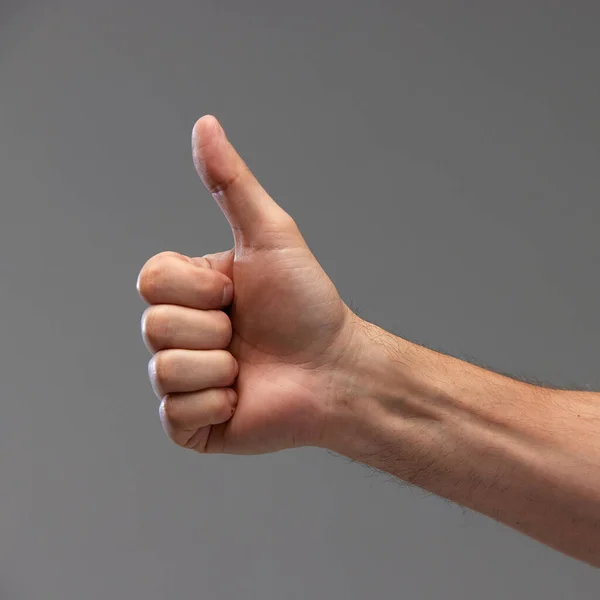 Male Hand Showing Gesture Grey Background Good Time Approvement Signals — Stock Photo, Image