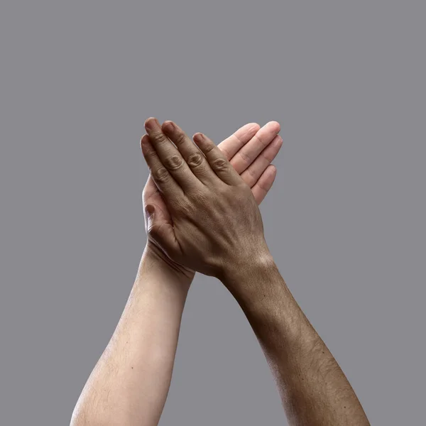 Международное Единство Человеческие Руки Разных Рас Цветов Кожи Сером Фоне — стоковое фото