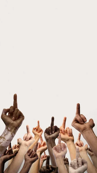 Freedom of speech. Human hands of diverse age, gender and race showing rude gesture over white background. Concept of human relation, community, togetherness, symbolism, culture, social issues