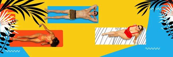 Letní Rekreace Pop Art Šťastnými Lidmi Ženy Muž Plavkách Ležící — Stock fotografie
