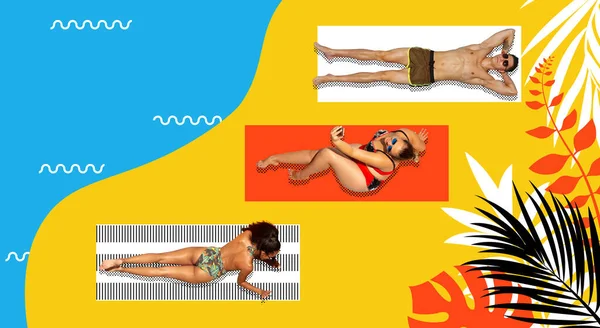 스러운 수영복을 일광욕을 즐기는 젊은이들 아트를 아름다움 광고의 — 스톡 사진