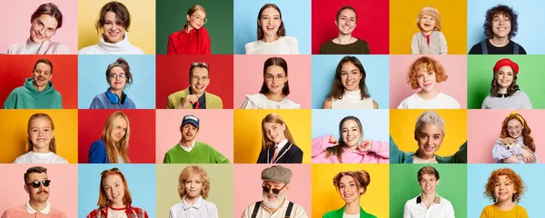 由不同性别和年龄的人的画像组成的大专院校面带微笑 在五彩斑斓的背景下表现出积极的一面 人类情感的概念 生活方式 面部表情 — 图库照片