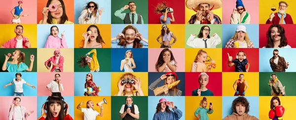 Collage Hecho Retratos Diversas Personas Hombres Mujeres Que Muestran Diferentes — Foto de Stock