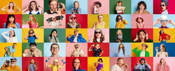 Colagem Feita Retratos Pessoas Diferentes Idades Gêneros Mostrando Diversidade Emoções — Fotografia de Stock