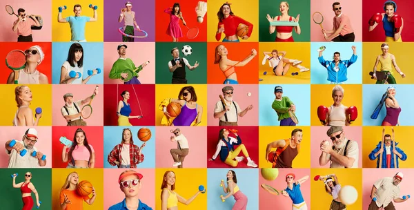 Collage Hecho Retratos Diferentes Personas Hombres Mujeres Entrenando Haciendo Deportes —  Fotos de Stock