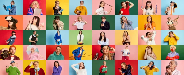 Colagem Feita Retratos Diferentes Jovens Homens Mulheres Posando Com Vários — Fotografia de Stock