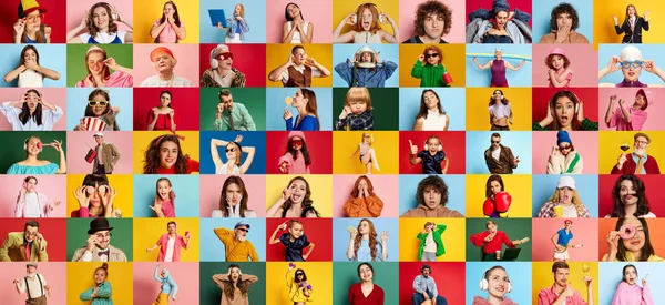 Koláž Portrétů Různých Dospělých Dětí Mužů Žen Vykazujících Různorodost Emocí — Stock fotografie