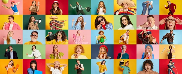 Collage Hecho Retratos Jóvenes Hermosos Niños Posando Con Diversidad Emociones — Foto de Stock