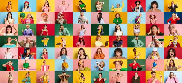 Коллаж Портретов Разных Людей Мужчин Женщин Показывающих Счастье Шок Позирующих — стоковое фото