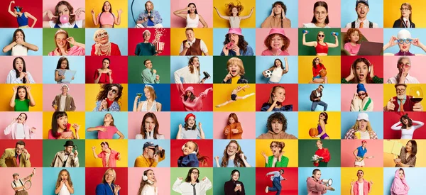 Коллаж Портретов Разных Людей Разного Возраста Пола Многоцветном Фоне Спорт — стоковое фото