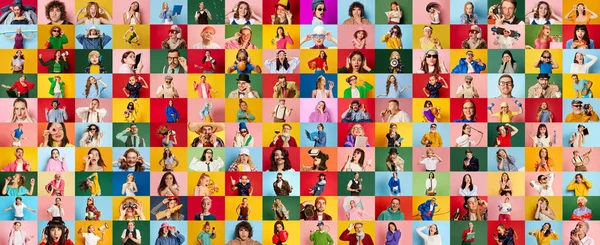 stock image Collage made of portraits of diverse people of different age and gender, adults and kids posing over multicolored background. Concept of human emotions, youth, lifestyle, facial expression. Ad