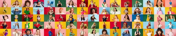 Collage Hecho Retratos Diferentes Personas Emotivas Diversas Edades Géneros Adultos —  Fotos de Stock