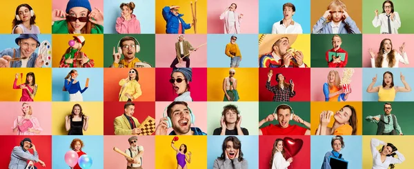 由不同年龄 不同性别的快乐情绪的人在五彩斑斓的背景下的肖像组成的学院 人类情感的概念 生活方式 面部表情 — 图库照片