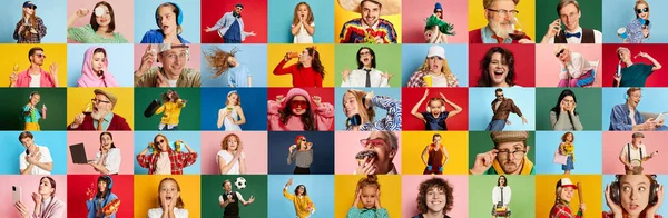 多色を背景に異なる年齢と性別の幸せな感情的な人々の肖像画で作られたコラージュ 人間の感情 ライフスタイル 表情の概念 — ストック写真