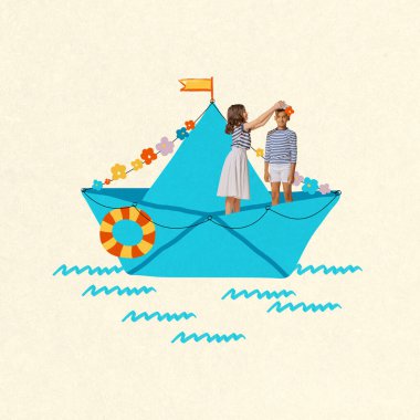 Küçük oğlanlar ve kızlar, çocuklar birlikte oynuyorlar, illüzyon teknesinde yüzüyorlar, eğleniyorlar. Yelkenli. Çağdaş sanat kolajı. Yaz tatili kavramı, çocukluk, hayal gücü, eğlence, ilham