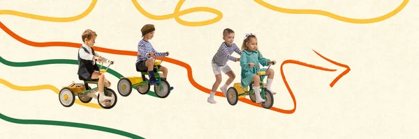 Παιχνιδιάρικα Παιδάκια Παιδιά Παίζουν Μαζί Κάνουν Ποδήλατο Ζεστή Καλοκαιρινή Μέρα — Φωτογραφία Αρχείου