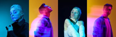 Kolaj. Genç yakışıklı adamın portresi ve holografik neon filtre ışığı yansıması olan güzel bir kız çok renkli arka plan üzerinde. Sanat kavramı, modern tarz, gelecekçilik ve yaratıcılık.
