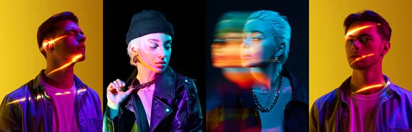 Collage Porträt Junger Menschen Schöner Mann Und Frau Mit Neonlichtreflexion — Stockfoto