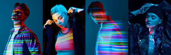 Collage Young People Man Woman Digital Neon Filter Multicolored Lights — Stock Photo, Image