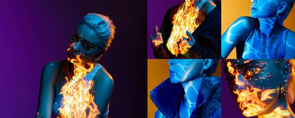 Collage. Surrealism. Young girl with digital burning fire and lightning filter on body over purple and yellow background in neon light. Concept of art, modern style, cyberpunk, futurism and creativity