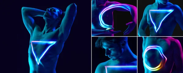 大学生活 英俊的年轻人在霓虹灯下穿着无袖上衣 身体上的数码霓虹灯滤镜反射在深紫色的背景上 艺术概念 现代风格 网络朋克 未来主义 创造力 — 图库照片