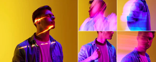Collage Stilig Ung Kille Casual Kläder Med Digitala Ljus Reflektion — Stockfoto