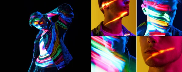 Collage. Handsome young male model posing with digital neon filter with multicolored lights reflection on body over dark and yellow background. Concept of art, modern style, cyberpunk, creativity