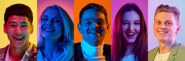 由年轻人 男人和女人在霓虹灯下对着五颜六色的背景微笑的画像组成的学院 人类情感的概念 生活方式 面部表情 — 图库照片