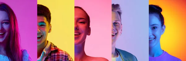 コラージュ ハーフ異なる若者 男性と女性の笑顔の顔の肖像画は ネオンの光の中で多色の背景に笑っている 人間の感情 ライフスタイル 表情の概念 — ストック写真