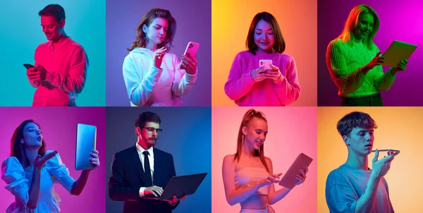 Colagem Retratos Diferentes Jovens Usando Vários Gadgets Para Trabalho Comunicação — Fotografia de Stock