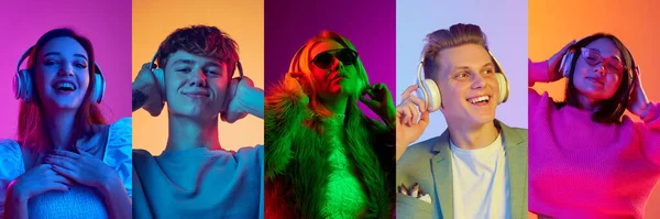 Collage Porträtt Positiva Ungdomar Män Och Kvinnor Som Lyssnar Musik — Stockfoto