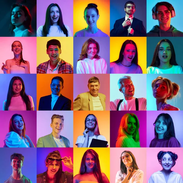 Коллаж Портретов Молодых Людей Разного Возраста Пола Позирующих Улыбающихся Разноцветном — стоковое фото