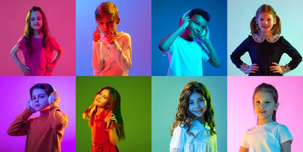 Collage Portretten Van Verschillende Kinderen Jongens Meisjes Die Plezier Hebben — Stockfoto