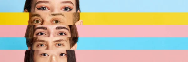 Collage Franjas Horizontales Estrechas Ojos Masculinos Femeninos Sobre Fondo Multicolor — Foto de Stock