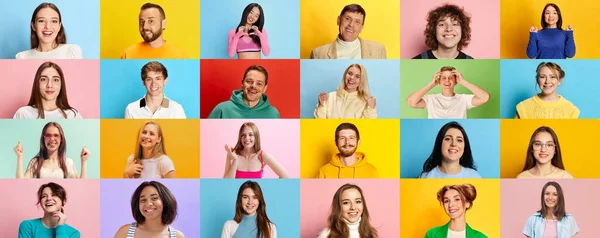 Colagem Feita Retratos Jovens Homens Mulheres Sorrindo Sobre Fundo Multicolorido — Fotografia de Stock