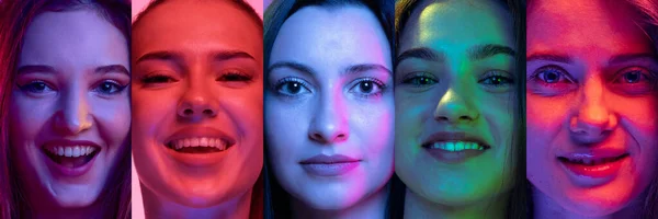Collage Retrato Cerca Jóvenes Hombres Mujeres Sonriendo Alegremente Riendo Con —  Fotos de Stock