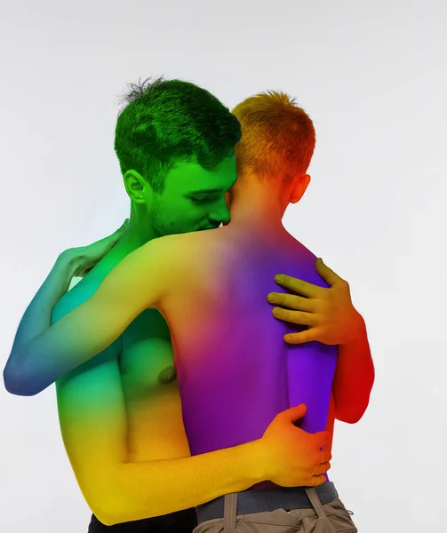 Portrait Two Young Men Couple Hugging White Background Models Posing — Stock Photo, Image