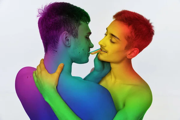 Portrait Two Young Men Couple Hugging Eating Jelly Candy White — Stock Photo, Image