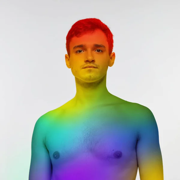 Portrait Young Man Posing Shirtless Body Colored Rainbow Colors White — Stock Photo, Image