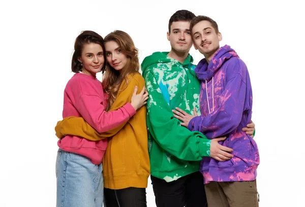 Portrait Four Young People Friends Couples Colorful Hoodies Posing White — Stock Photo, Image