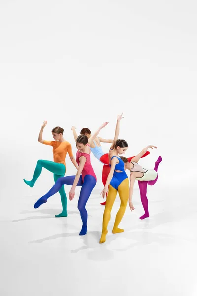 一群才华横溢 富有艺术气息的女芭蕾舞演员 穿着鲜艳 五颜六色的服装 在灰色的工作室背景下跳舞 创造力 古典舞 当代艺术的概念 — 图库照片