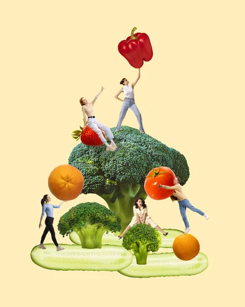 Sağlıklı Yiyecekler Brokoli Kırmızı Biber Narenciye Domates Çevresindeki Gençler Meyve — Stok fotoğraf