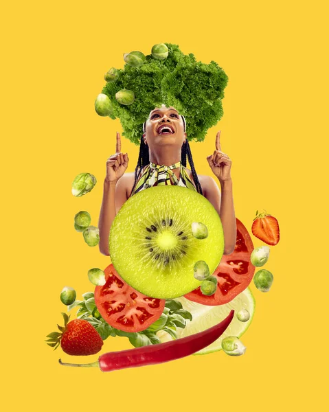 健康的なライフスタイルと果物や野菜と明るい黄色の背景の上の食事療法に続く健康な女性 現代美術のコラージュ 食べ物 創造性の概念 近代的なデザイン — ストック写真