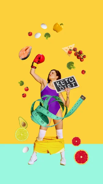 食事だよ 健康的でスポーティでスリムな女性は 明るい黄色の背景に果物や野菜と健康的な食事の後に 現代美術のコラージュ 食べ物 創造性の概念 近代的なデザイン — ストック写真